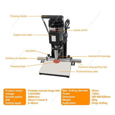 110V/220V Máquina de perfuração vertical portátil de carpintaria para pinças e minifixos
